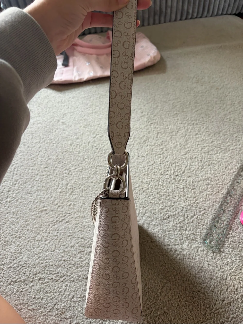 GUESS Beige Logo-Print Shoulder Bag with Silver Chain